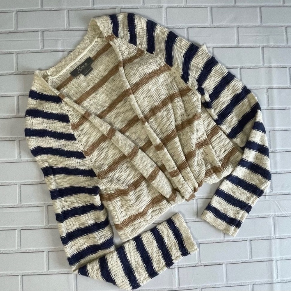 NATURAL Reflections bohemian Striped Knit Open Front Cardigan Cream Size S NWOT